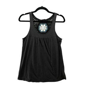 Lucky Brand Tank Top Womens XS Crochet Embroidered Boho Black Lightweight